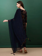 Flared Embroidered & Floral Printed Kurta With Pant & Dupatta, Navy Blue - Hiral Fashion | Grocsy