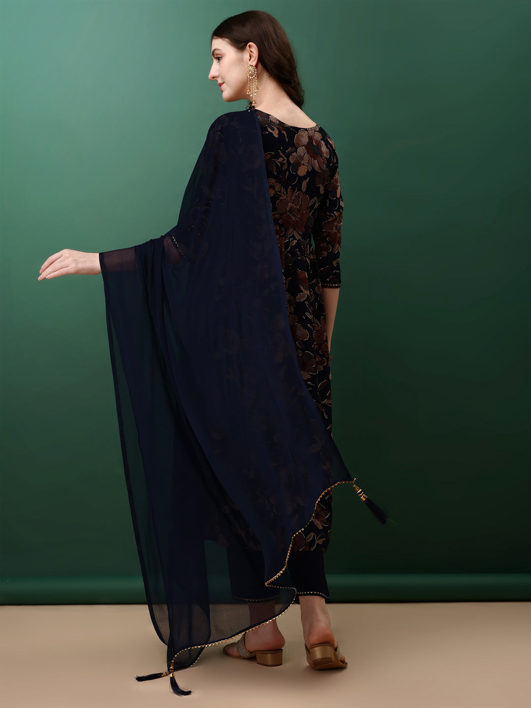 Flared Embroidered & Floral Printed Kurta With Pant & Dupatta, Navy Blue - Hiral Fashion | Grocsy
