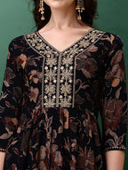 Flared Embroidered & Floral Printed Kurta With Pant & Dupatta, Navy Blue - Hiral Fashion | Grocsy