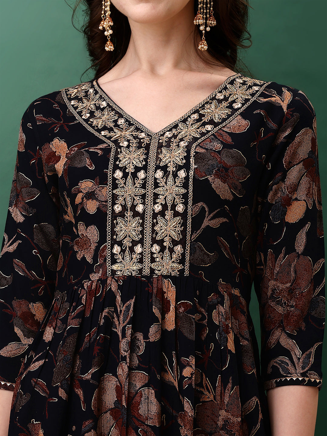 Flared Embroidered & Floral Printed Kurta With Pant & Dupatta, Navy Blue - Hiral Fashion | Grocsy