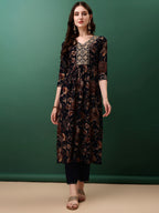 Flared Embroidered & Floral Printed Kurta With Pant & Dupatta, Navy Blue - Hiral Fashion | Grocsy