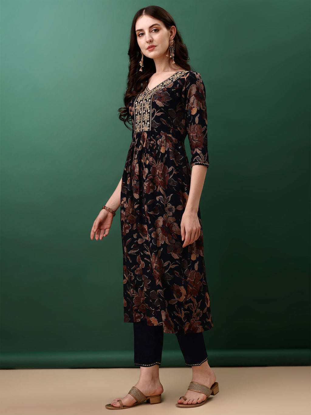 Flared Embroidered & Floral Printed Kurta With Pant & Dupatta, Navy Blue - Hiral Fashion | Grocsy