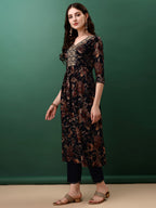 Flared Embroidered & Floral Printed Kurta With Pant & Dupatta, Navy Blue - Hiral Fashion | Grocsy
