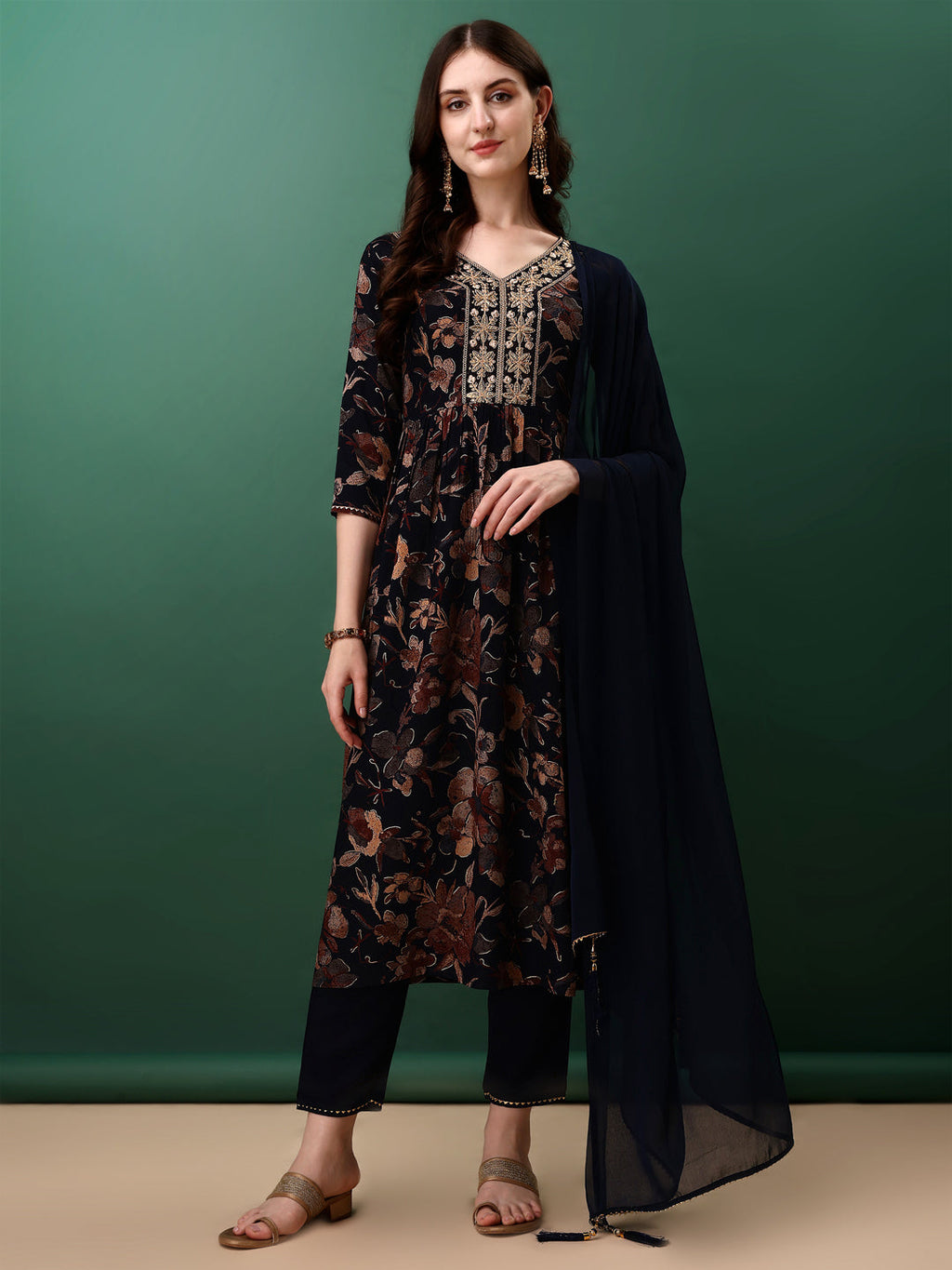 Flared Embroidered & Floral Printed Kurta With Pant & Dupatta, Navy Blue - Hiral Fashion | Grocsy