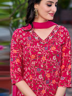 Mirror Embroidery & Floral Printed Kurta With Pant & Dupatta, Pink - Hiral Fashion | Grocsy