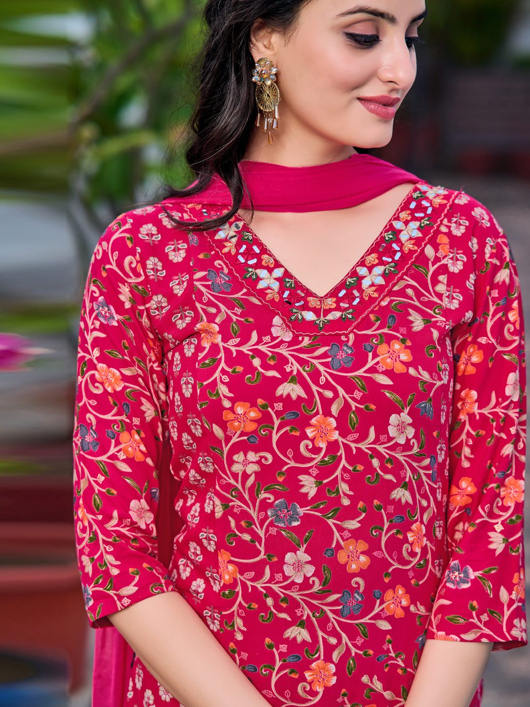 Mirror Embroidery & Floral Printed Kurta With Pant & Dupatta, Pink - Hiral Fashion | Grocsy