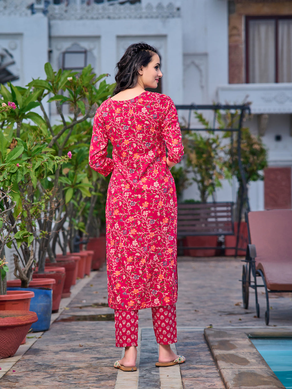 Mirror Embroidery & Floral Printed Kurta With Pant & Dupatta, Pink - Hiral Fashion | Grocsy