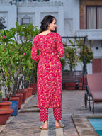 Mirror Embroidery & Floral Printed Kurta With Pant & Dupatta, Pink - Hiral Fashion | Grocsy