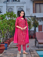 Mirror Embroidery & Floral Printed Kurta With Pant & Dupatta, Pink - Hiral Fashion | Grocsy