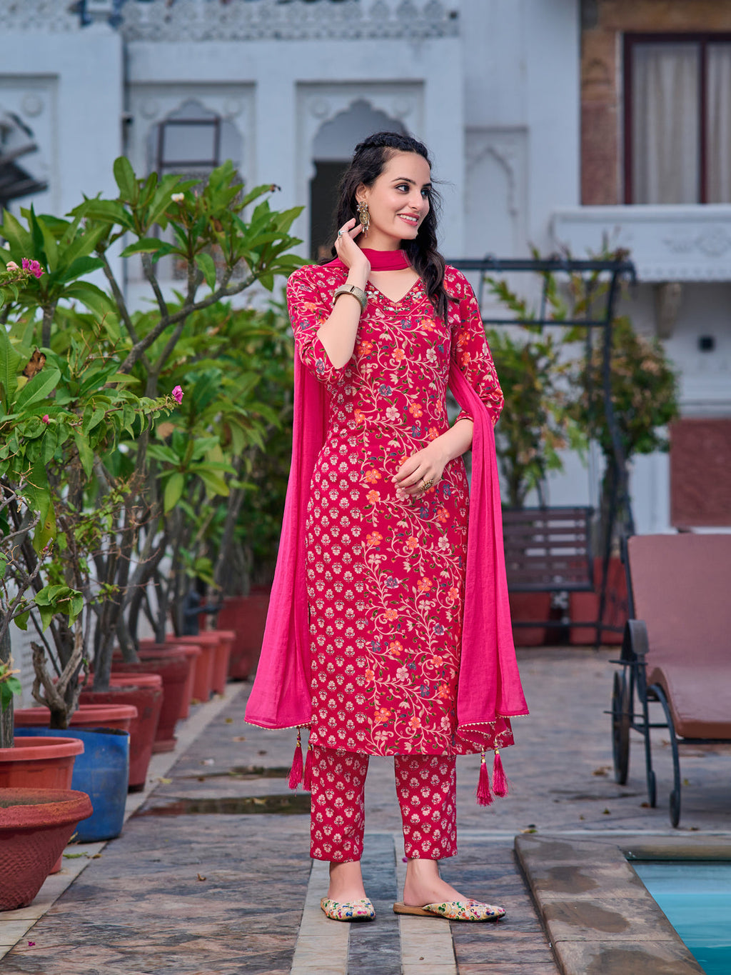 Mirror Embroidery & Floral Printed Kurta With Pant & Dupatta, Pink - Hiral Fashion | Grocsy