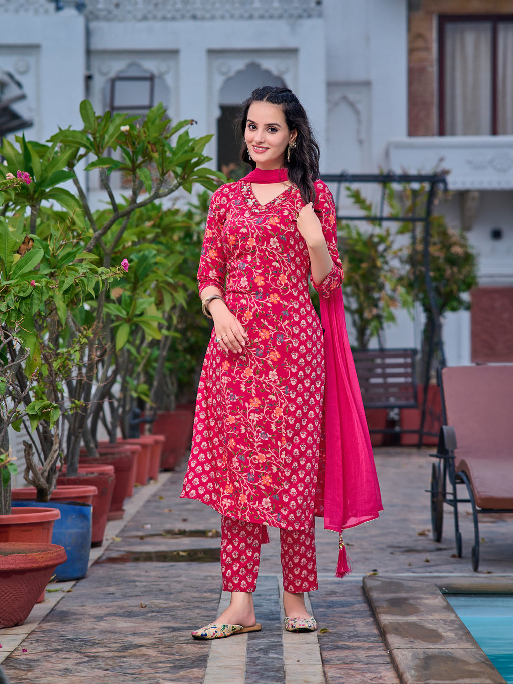 Mirror Embroidery & Floral Printed Kurta With Pant & Dupatta, Pink - Hiral Fashion | Grocsy