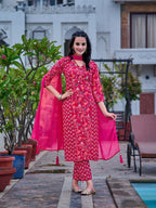 Mirror Embroidery & Floral Printed Kurta With Pant & Dupatta, Pink - Hiral Fashion | Grocsy