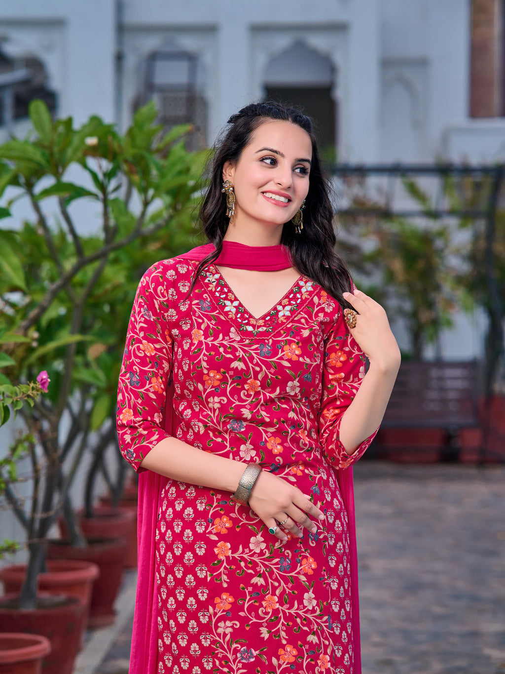 Mirror Embroidery & Floral Printed Kurta With Pant & Dupatta, Pink - Hiral Fashion | Grocsy