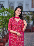 Mirror Embroidery & Floral Printed Kurta With Pant & Dupatta, Pink - Hiral Fashion | Grocsy