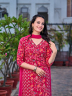 Mirror Embroidery & Floral Printed Kurta With Pant & Dupatta, Pink - Hiral Fashion | Grocsy