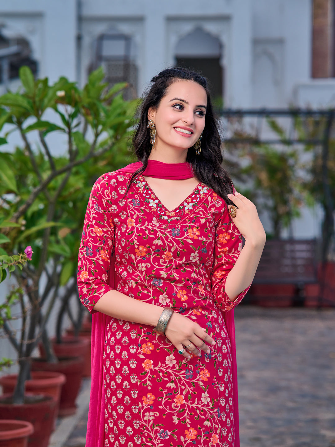 Mirror Embroidery & Floral Printed Kurta With Pant & Dupatta, Pink - Hiral Fashion | Grocsy