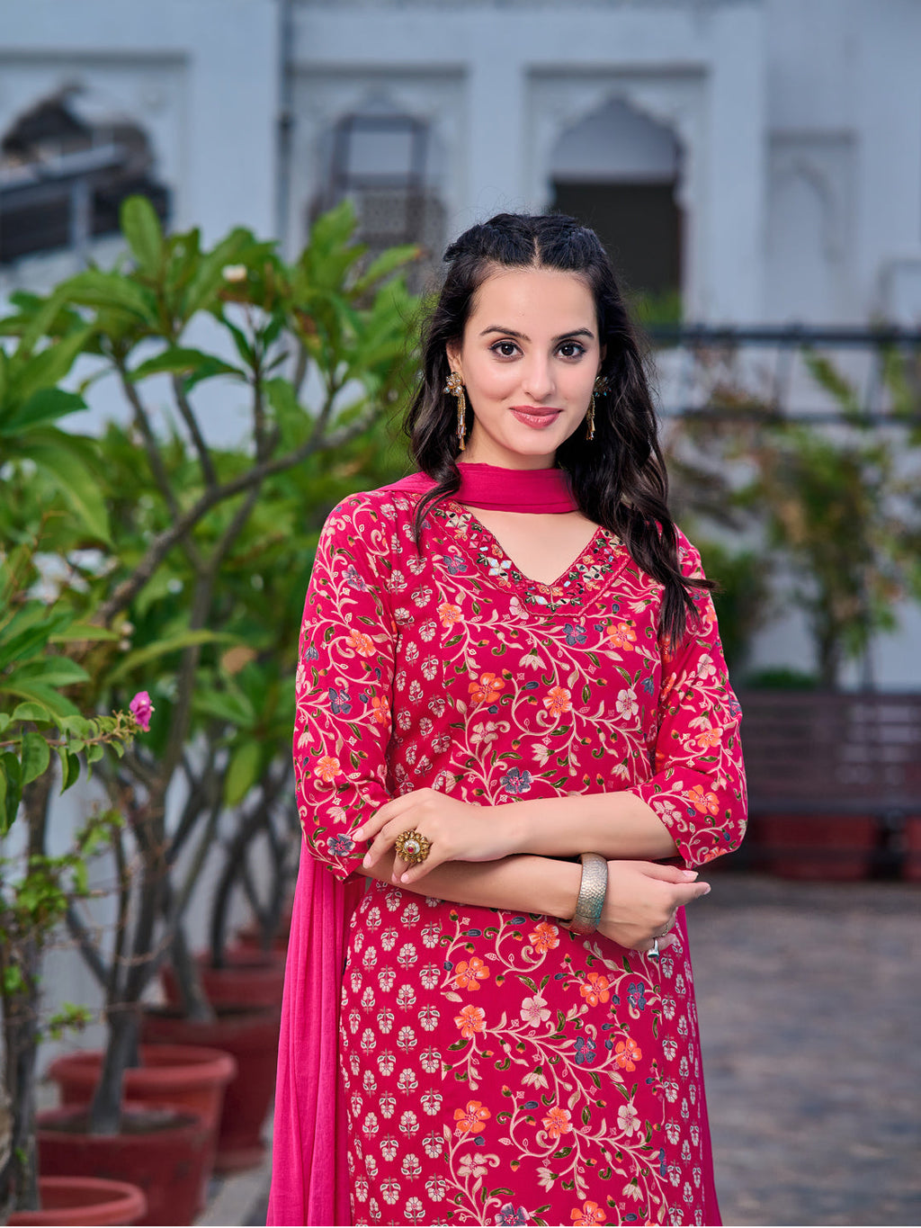 Mirror Embroidery & Floral Printed Kurta With Pant & Dupatta, Pink - Hiral Fashion | Grocsy
