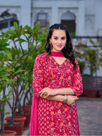 Mirror Embroidery & Floral Printed Kurta With Pant & Dupatta, Pink - Hiral Fashion | Grocsy