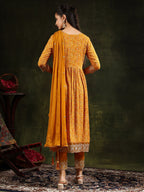 Nyra Cut Embroidered & Floral Printed Kurta With Pant & Embroidered Dupatta, Mustard - Hiral Fashion | Grocsy
