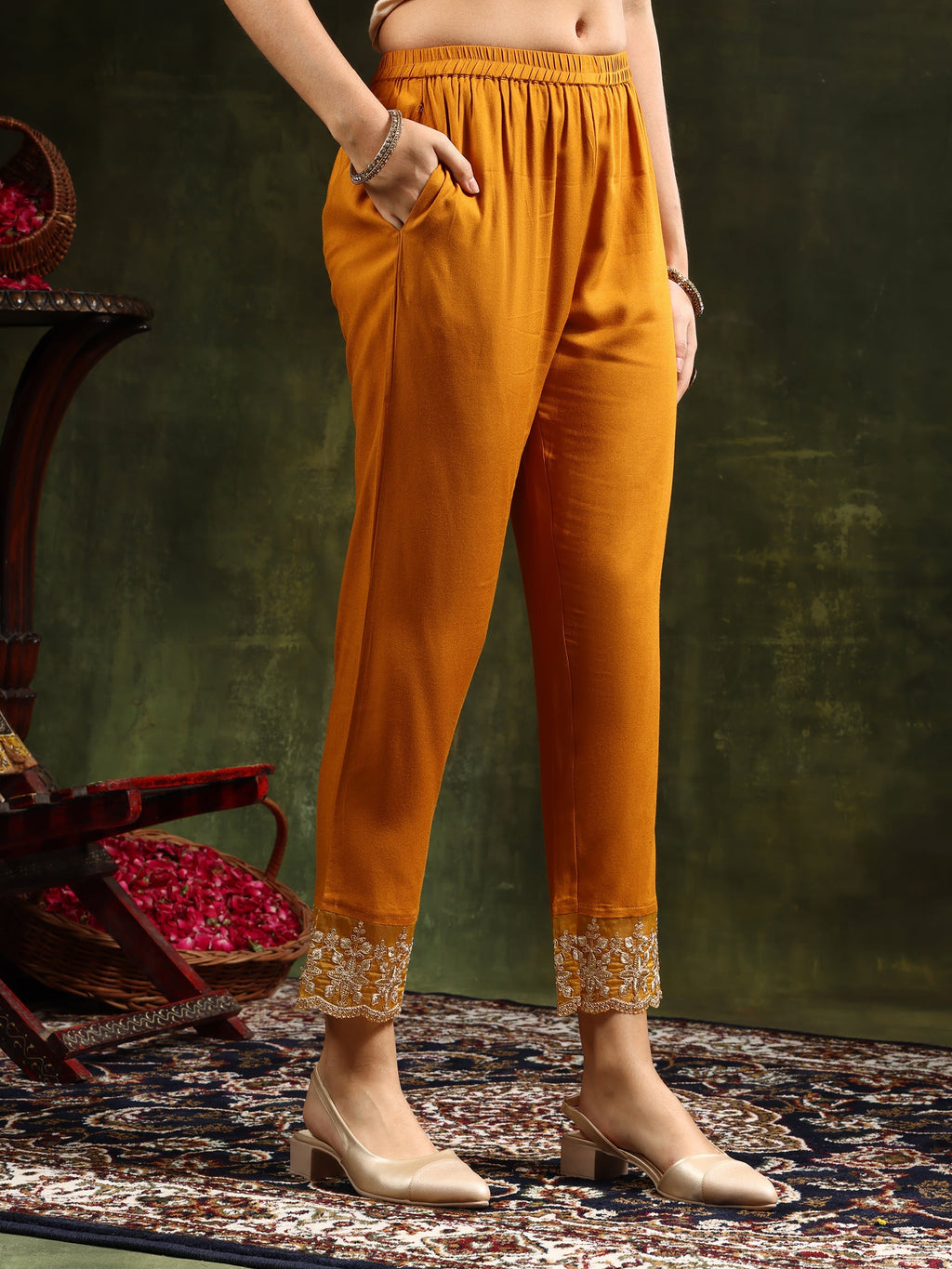 Nyra Cut Embroidered & Floral Printed Kurta With Pant & Embroidered Dupatta, Mustard - Hiral Fashion | Grocsy