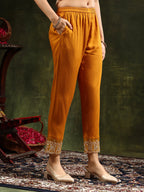 Nyra Cut Embroidered & Floral Printed Kurta With Pant & Embroidered Dupatta, Mustard - Hiral Fashion | Grocsy