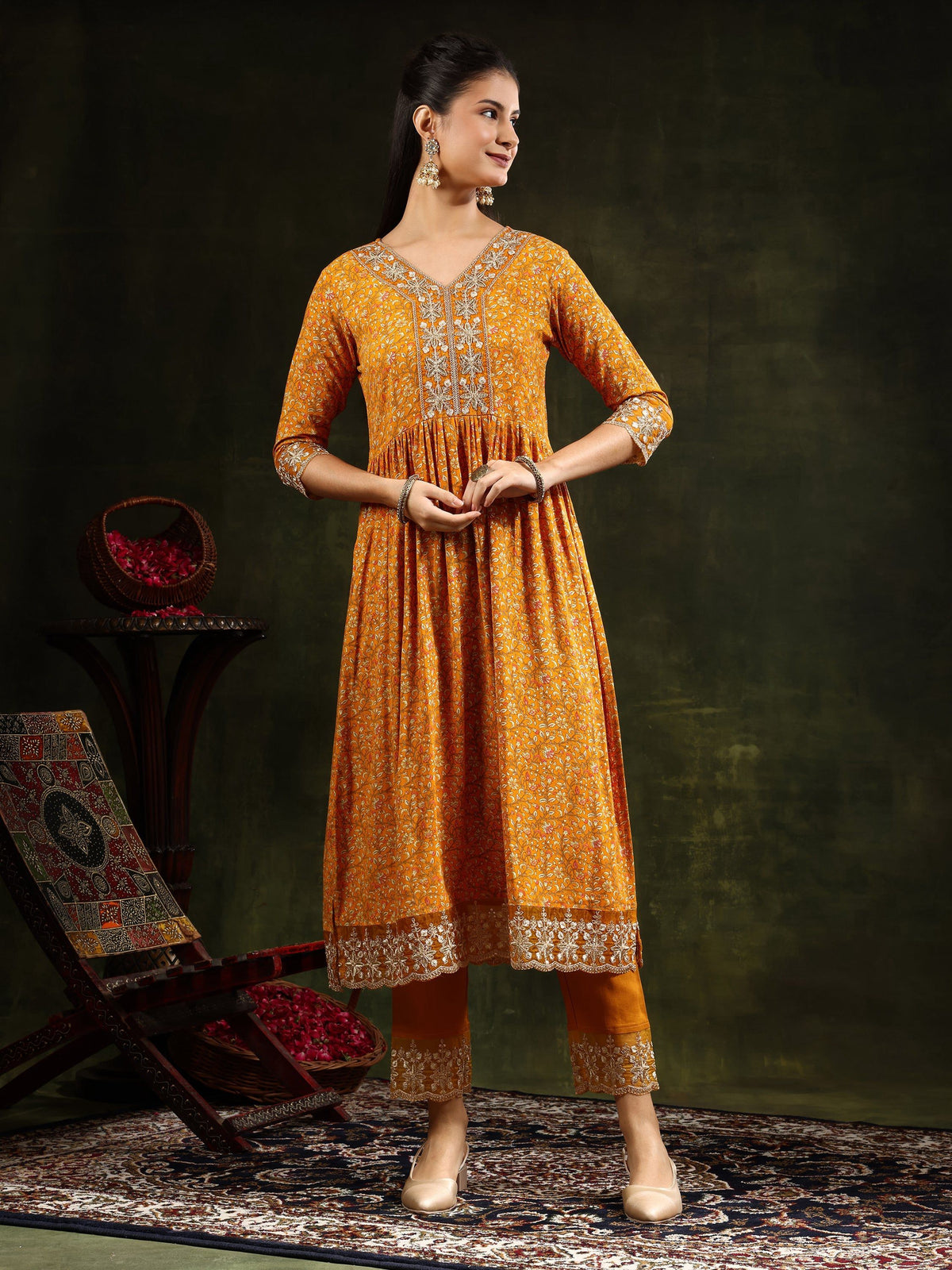 Nyra Cut Embroidered & Floral Printed Kurta With Pant & Embroidered Dupatta, Mustard - Hiral Fashion | Grocsy