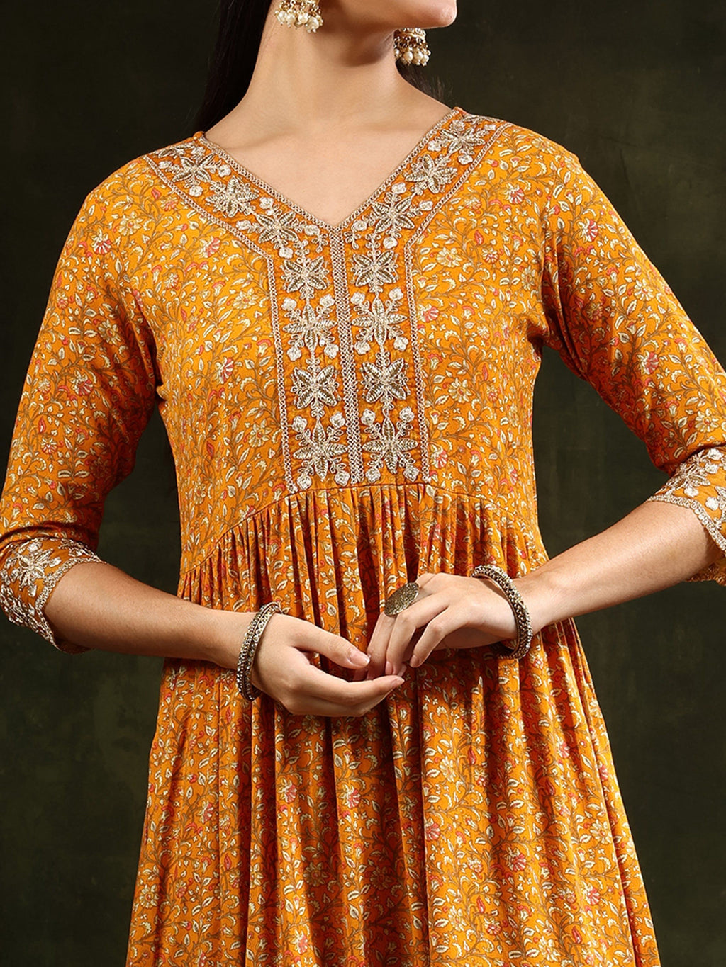 Nyra Cut Embroidered & Floral Printed Kurta With Pant & Embroidered Dupatta, Mustard - Hiral Fashion | Grocsy
