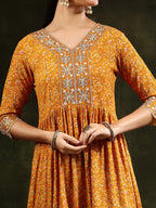 Nyra Cut Embroidered & Floral Printed Kurta With Pant & Embroidered Dupatta, Mustard - Hiral Fashion | Grocsy