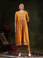Nyra Cut Embroidered & Floral Printed Kurta With Pant & Embroidered Dupatta, Mustard - Hiral Fashion | Grocsy