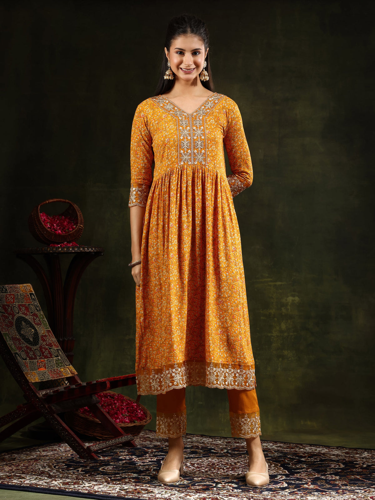 Nyra Cut Embroidered & Floral Printed Kurta With Pant & Embroidered Dupatta, Mustard - Hiral Fashion | Grocsy