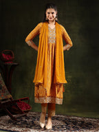 Nyra Cut Embroidered & Floral Printed Kurta With Pant & Embroidered Dupatta, Mustard - Hiral Fashion | Grocsy