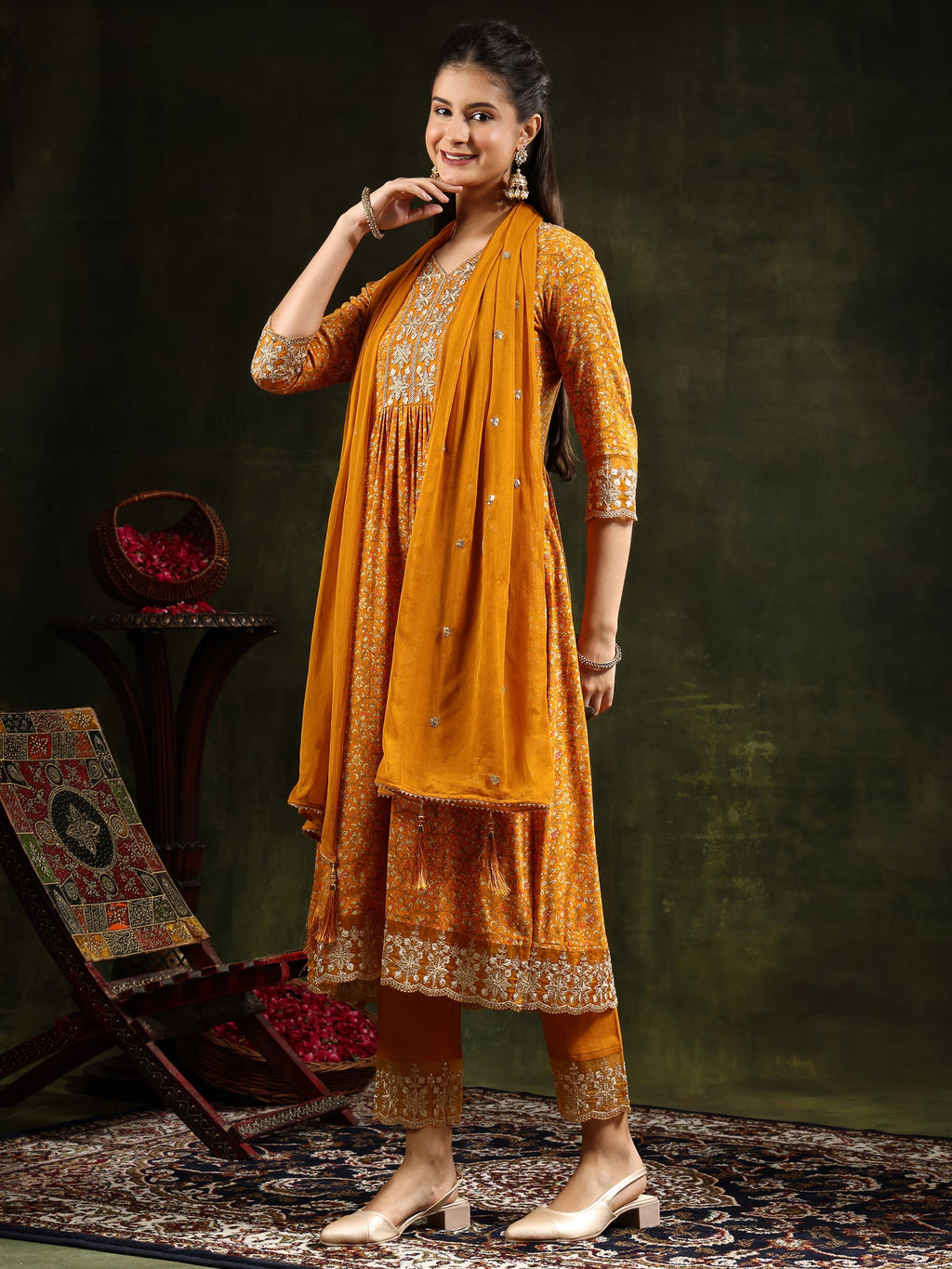 Nyra Cut Embroidered & Floral Printed Kurta With Pant & Embroidered Dupatta, Mustard - Hiral Fashion | Grocsy