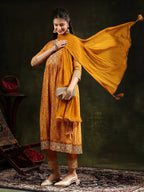 Nyra Cut Embroidered & Floral Printed Kurta With Pant & Embroidered Dupatta, Mustard - Hiral Fashion | Grocsy