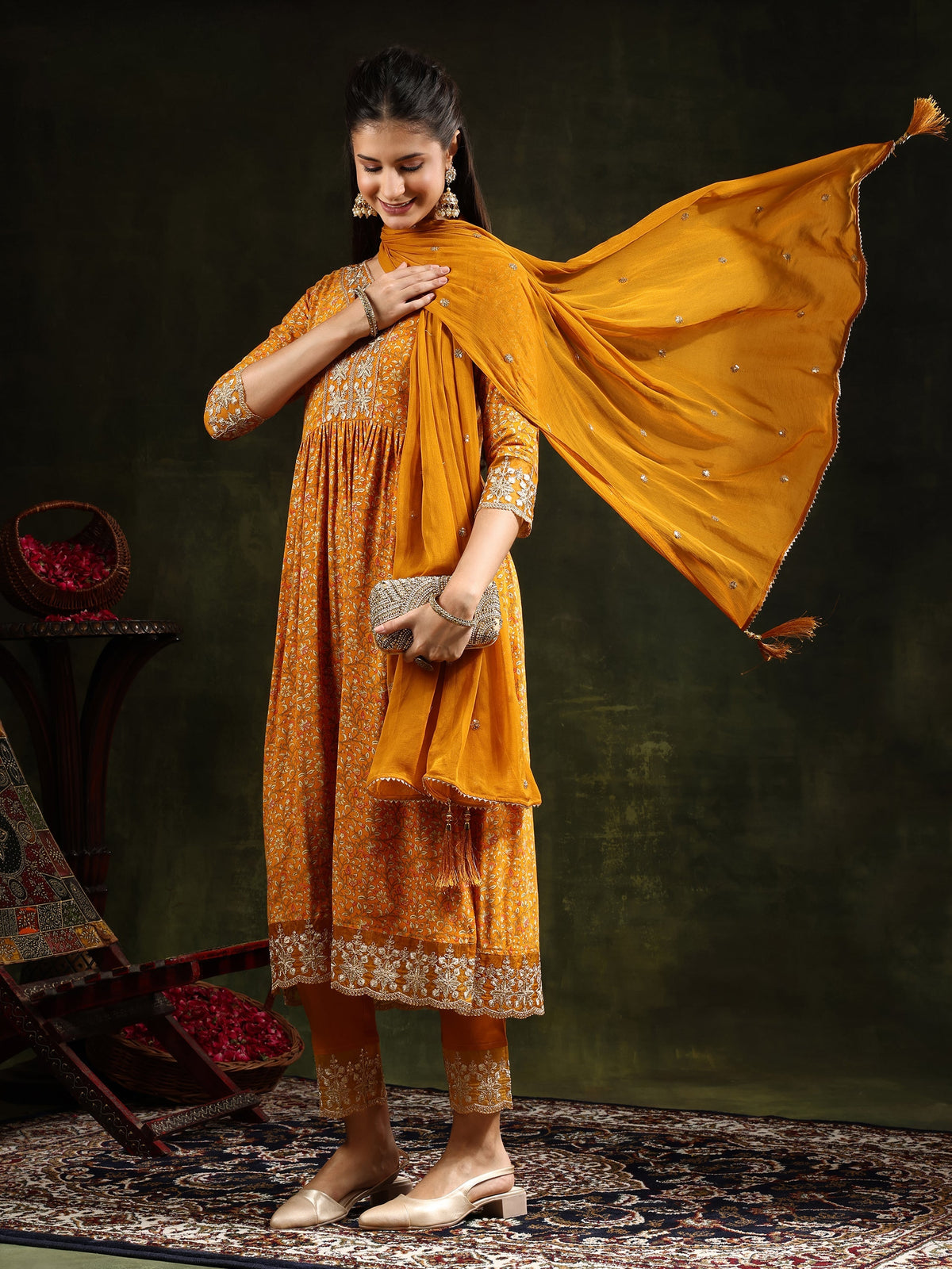 Nyra Cut Embroidered & Floral Printed Kurta With Pant & Embroidered Dupatta, Mustard - Hiral Fashion | Grocsy