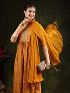 Nyra Cut Embroidered & Floral Printed Kurta With Pant & Embroidered Dupatta, Mustard - Hiral Fashion | Grocsy