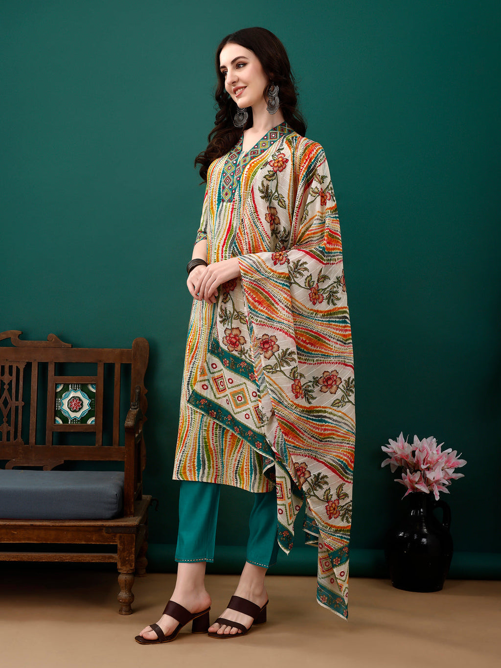 Mirror Embroidery And Shibori Printed Kurta With Pant & Dupatta, Multicolor - Hiral Fashion | Grocsy