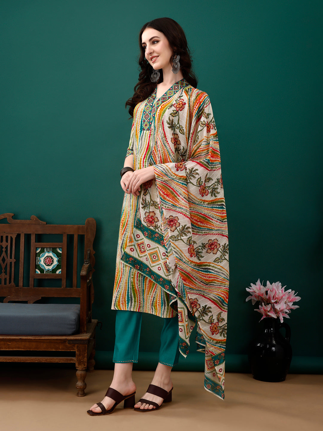 Mirror Embroidery And Shibori Printed Kurta With Pant & Dupatta, Multicolor - Hiral Fashion | Grocsy