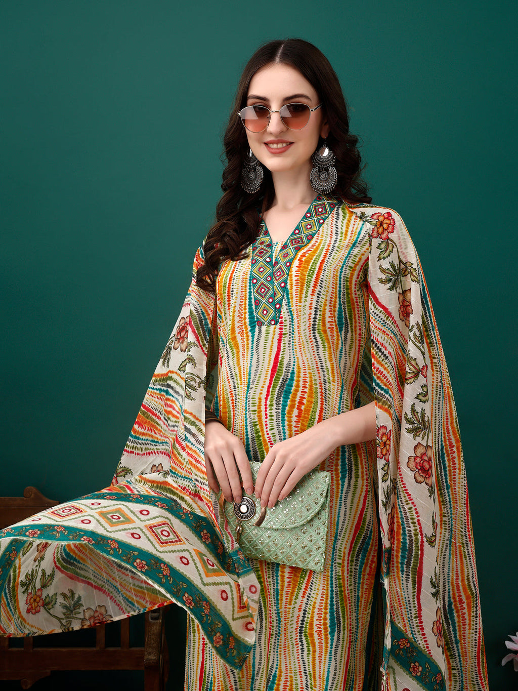 Mirror Embroidery And Shibori Printed Kurta With Pant & Dupatta, Multicolor - Hiral Fashion | Grocsy