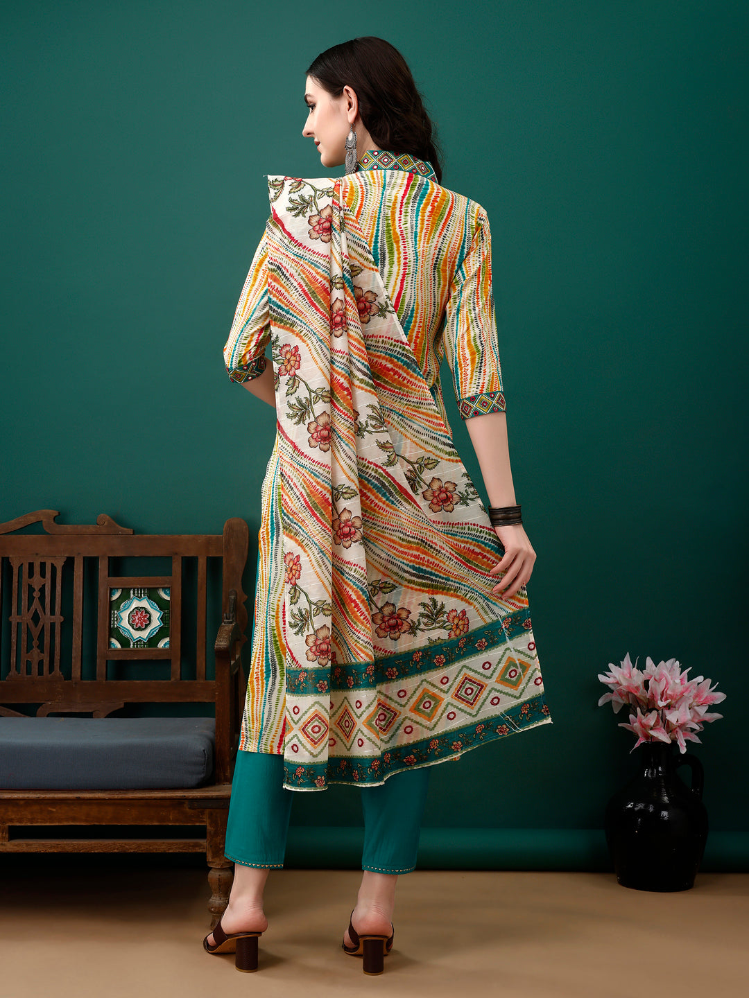 Mirror Embroidery And Shibori Printed Kurta With Pant & Dupatta, Multicolor - Hiral Fashion | Grocsy