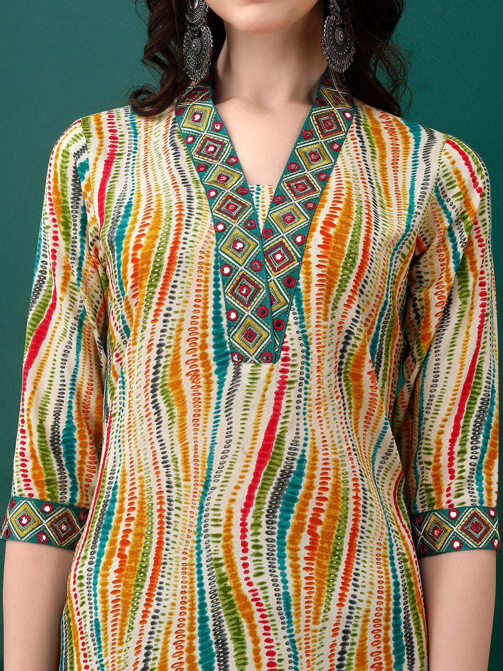 Mirror Embroidery And Shibori Printed Kurta With Pant & Dupatta, Multicolor - Hiral Fashion | Grocsy