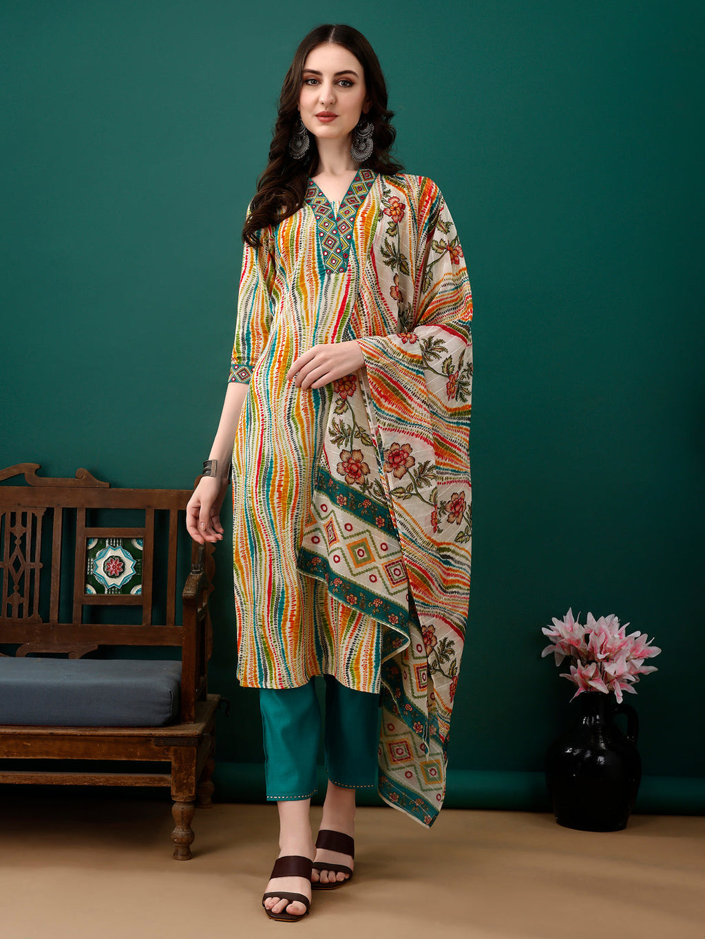 Mirror Embroidery And Shibori Printed Kurta With Pant & Dupatta, Multicolor - Hiral Fashion | Grocsy