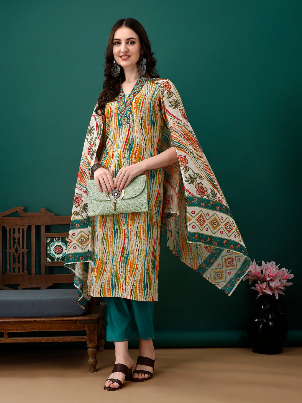 Mirror Embroidery And Shibori Printed Kurta With Pant & Dupatta, Multicolor - Hiral Fashion | Grocsy