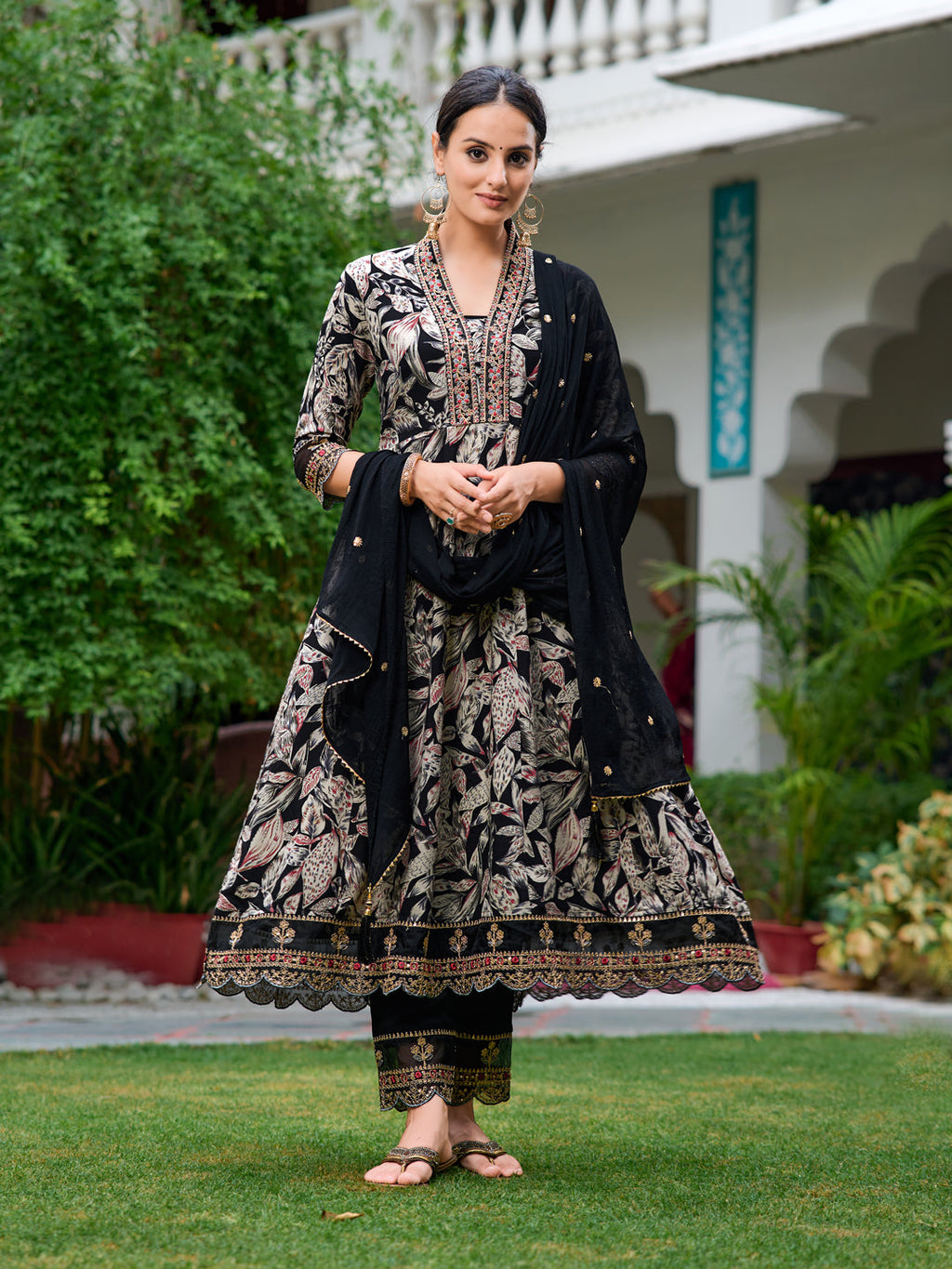 Embroidered & Botanical Printed Anarkali Kurta With Pant & Embroidered Dupatta, Black - Hiral Fashion | Grocsy