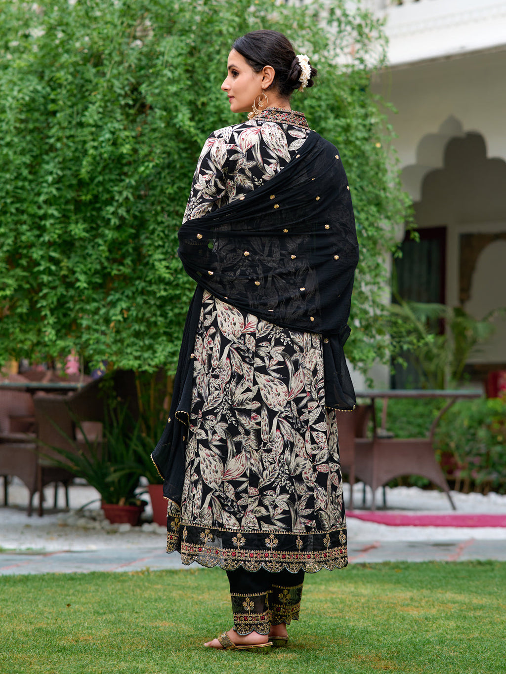 Embroidered & Botanical Printed Anarkali Kurta With Pant & Embroidered Dupatta, Black - Hiral Fashion | Grocsy