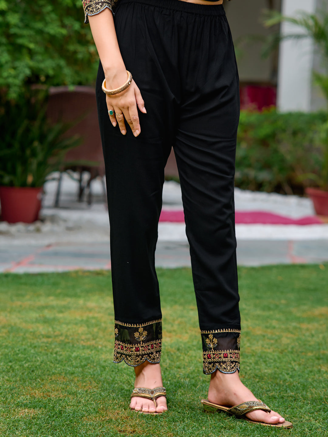Embroidered & Botanical Printed Anarkali Kurta With Pant & Embroidered Dupatta, Black - Hiral Fashion | Grocsy