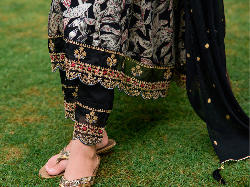 Embroidered & Botanical Printed Anarkali Kurta With Pant & Embroidered Dupatta, Black - Hiral Fashion | Grocsy