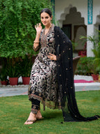 Embroidered & Botanical Printed Anarkali Kurta With Pant & Embroidered Dupatta, Black - Hiral Fashion | Grocsy