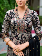 Embroidered & Botanical Printed Anarkali Kurta With Pant & Embroidered Dupatta, Black - Hiral Fashion | Grocsy