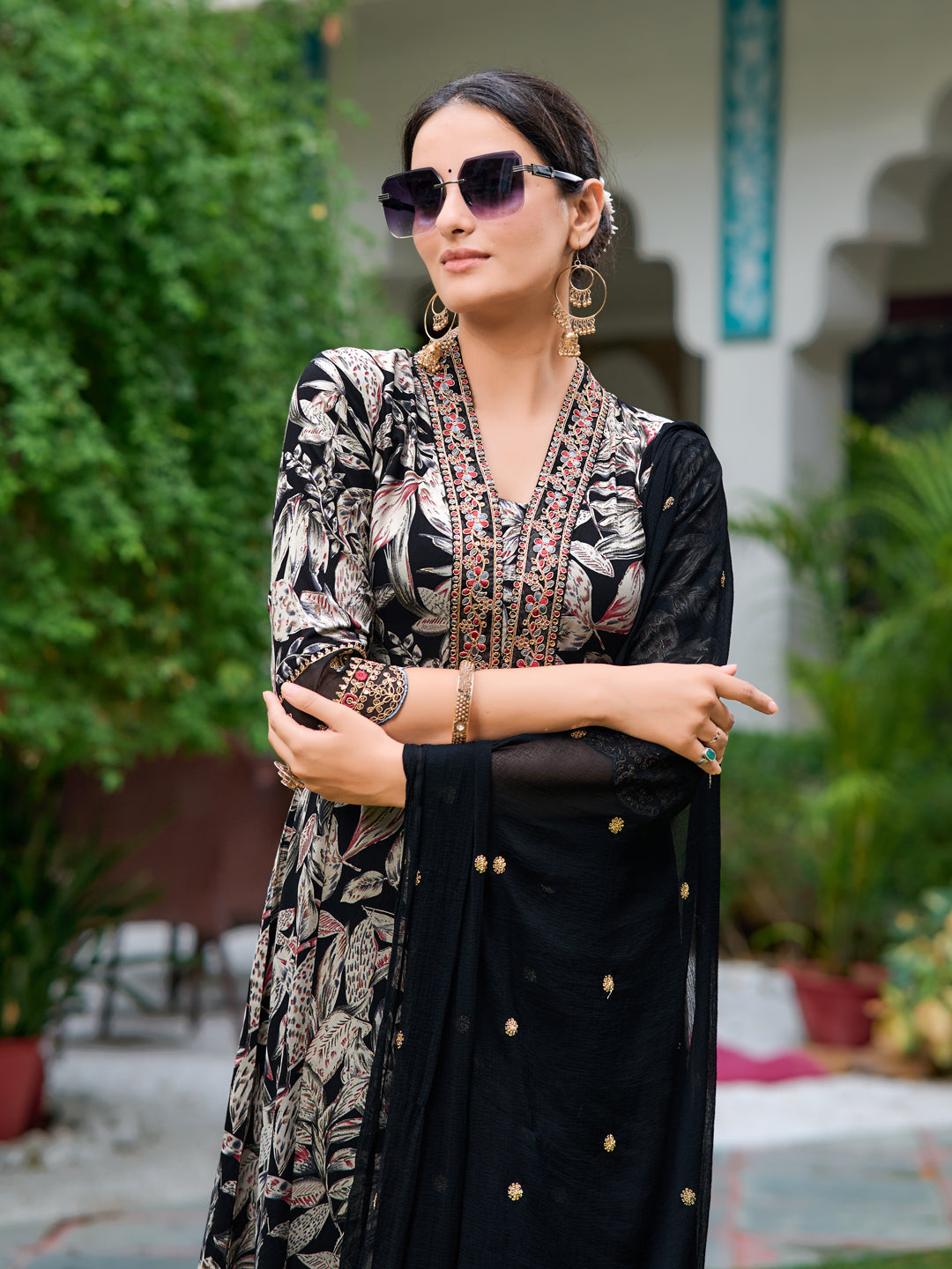 Embroidered & Botanical Printed Anarkali Kurta With Pant & Embroidered Dupatta, Black - Hiral Fashion | Grocsy