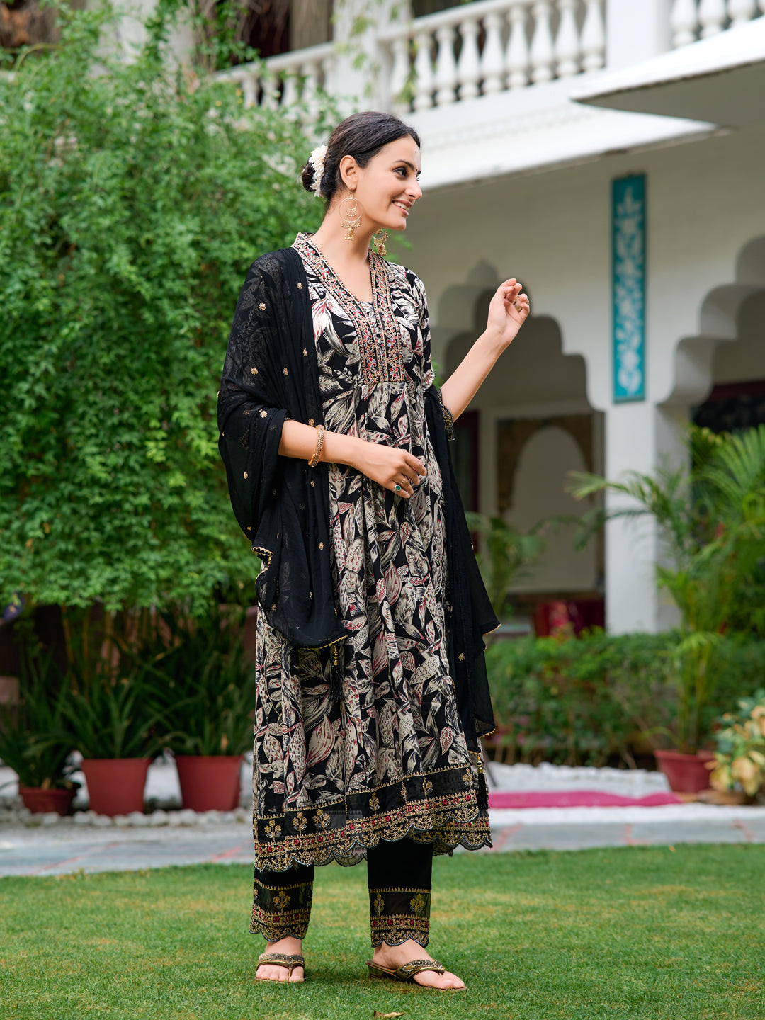 Embroidered & Botanical Printed Anarkali Kurta With Pant & Embroidered Dupatta, Black - Hiral Fashion | Grocsy